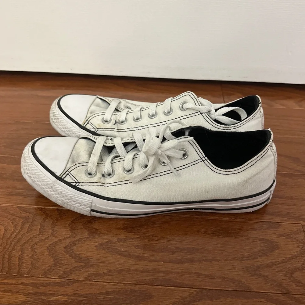 White and Black Men's Converse Lowtop with Black Stitching - Picture 2 of 5